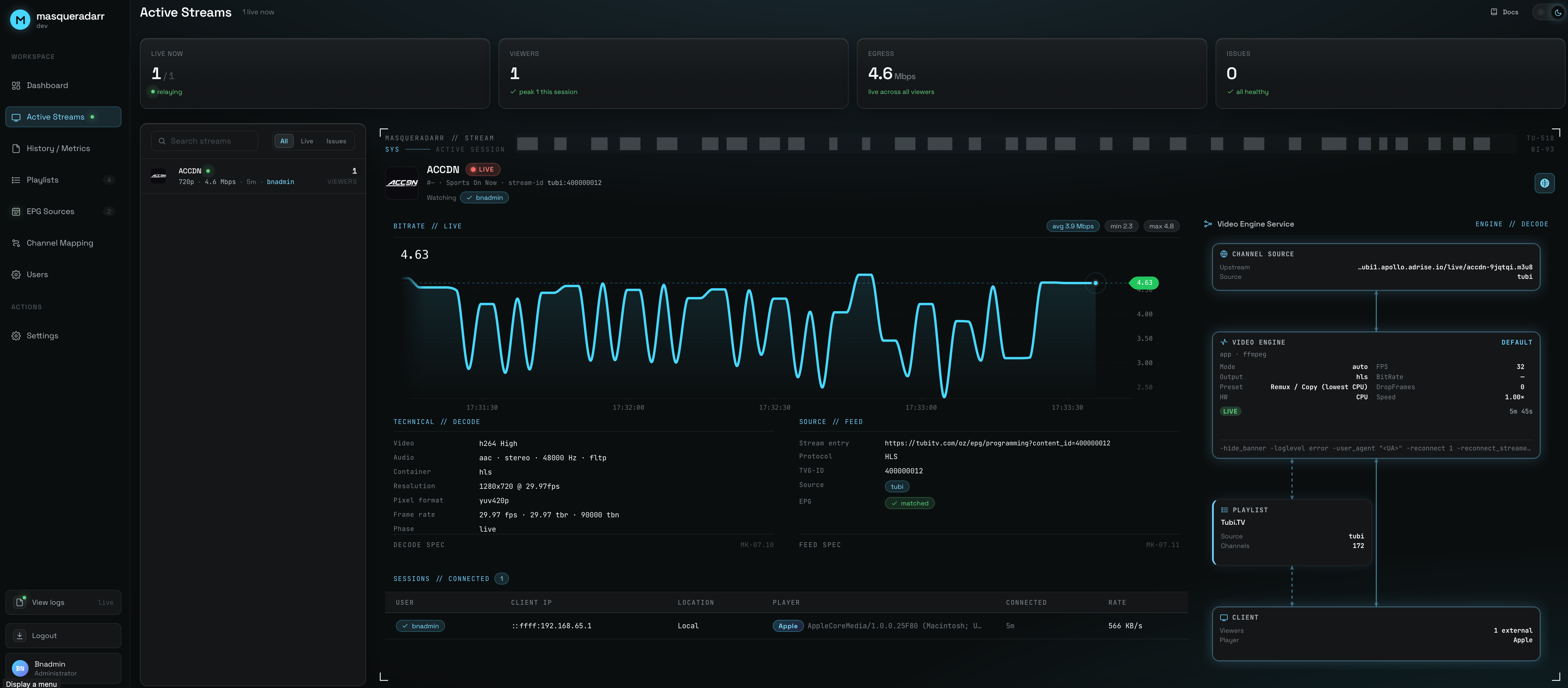 Active Streams screen