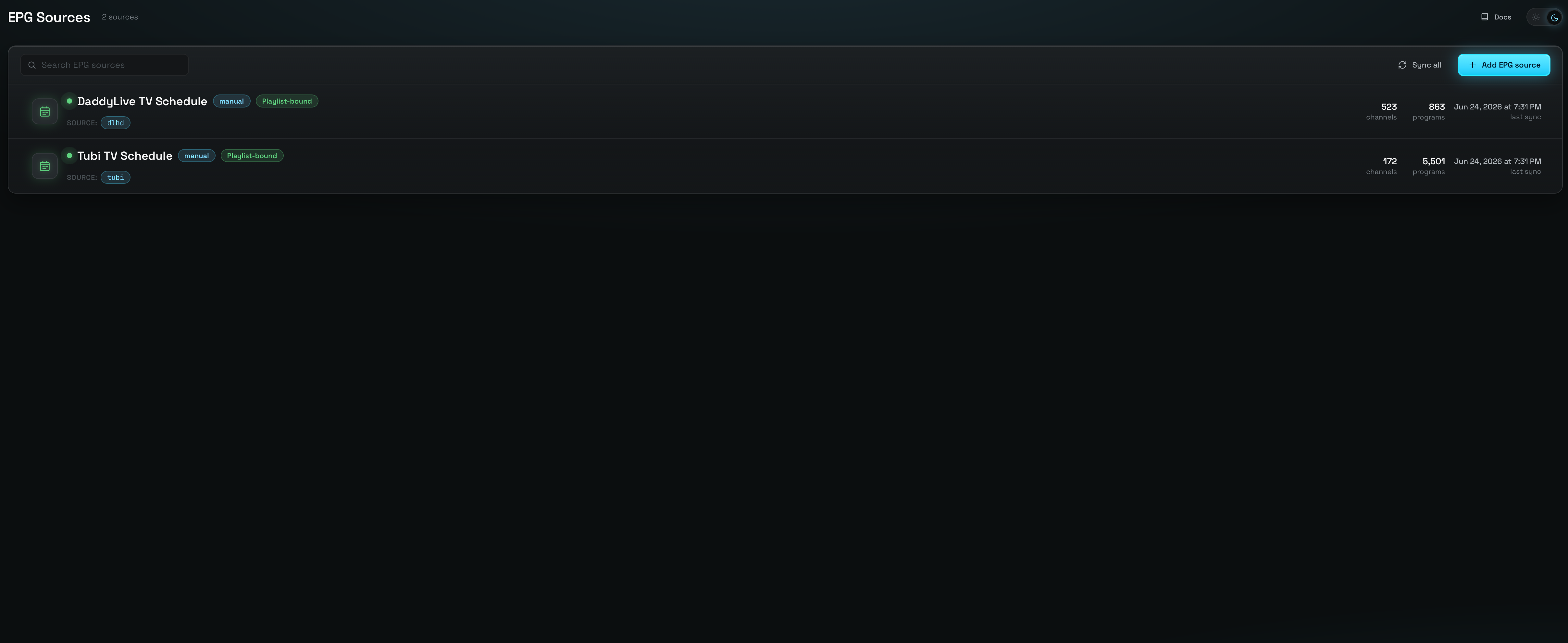 EPG Sources screen