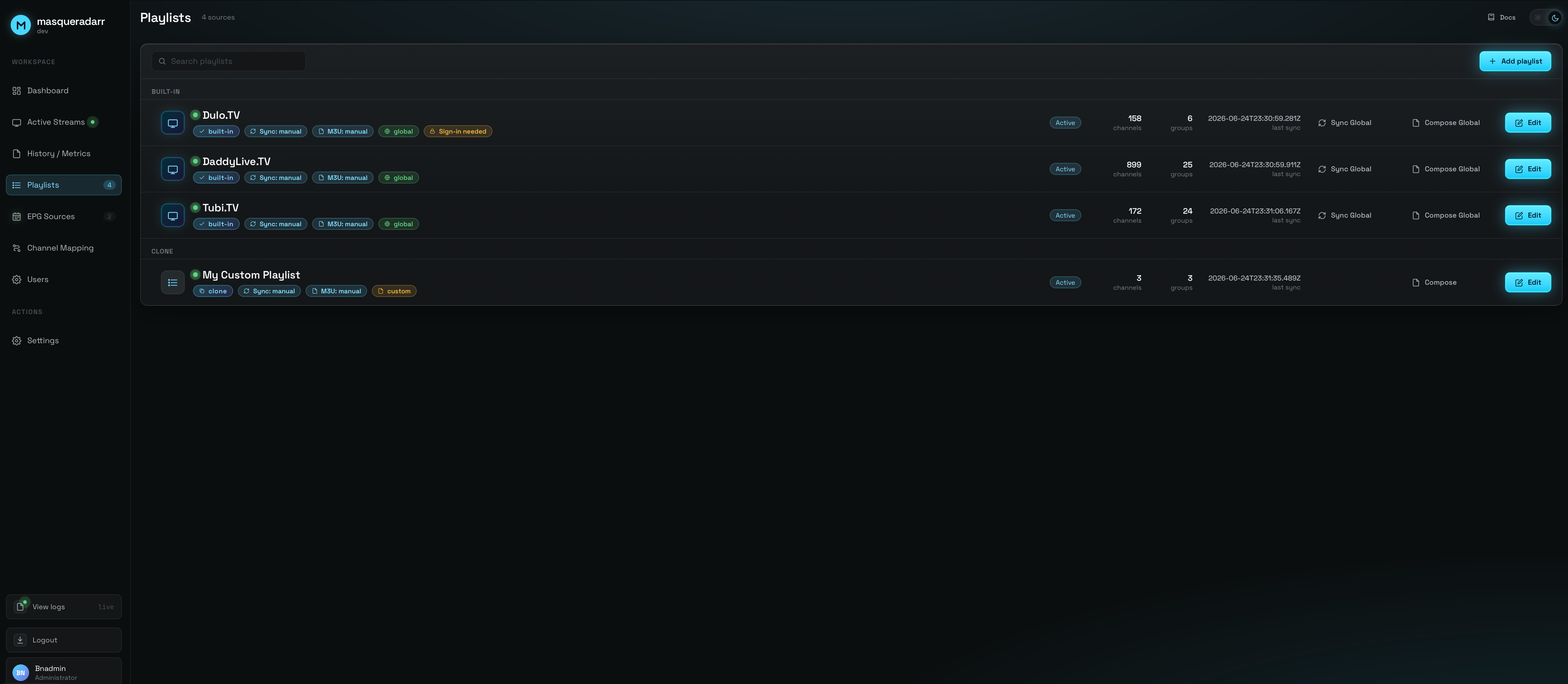Playlists screen