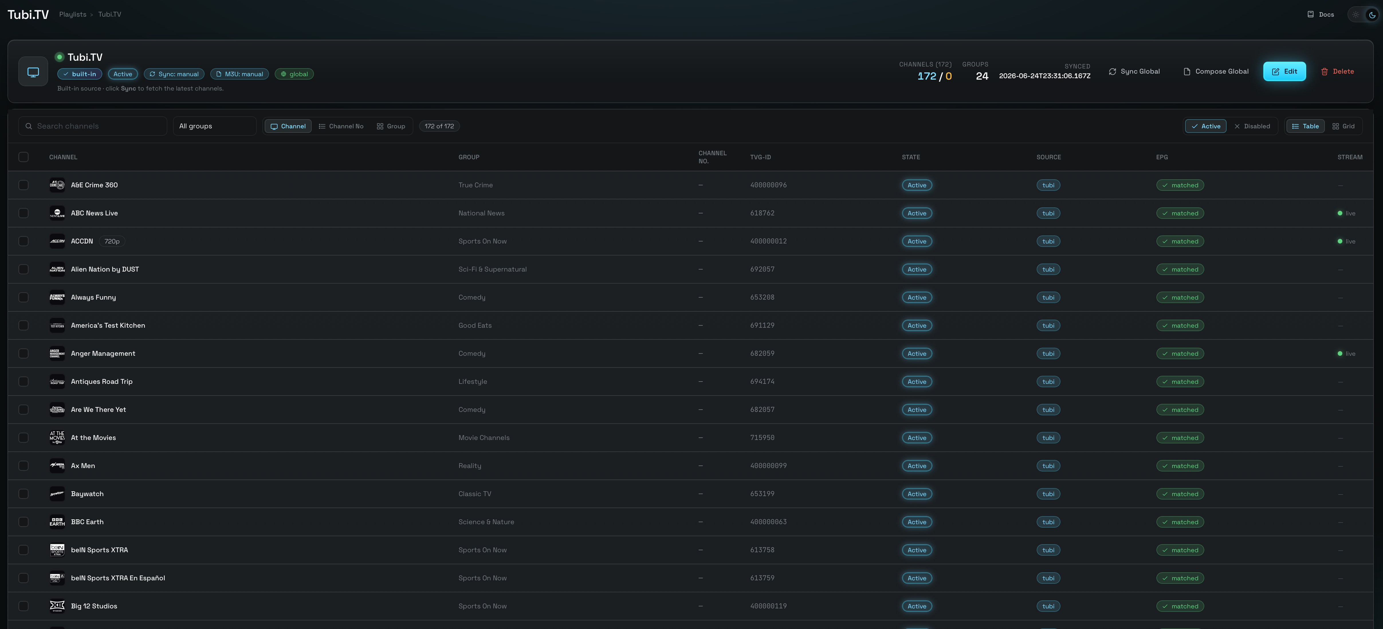 Playlist detail view — the channel table where channels are selected and grouped