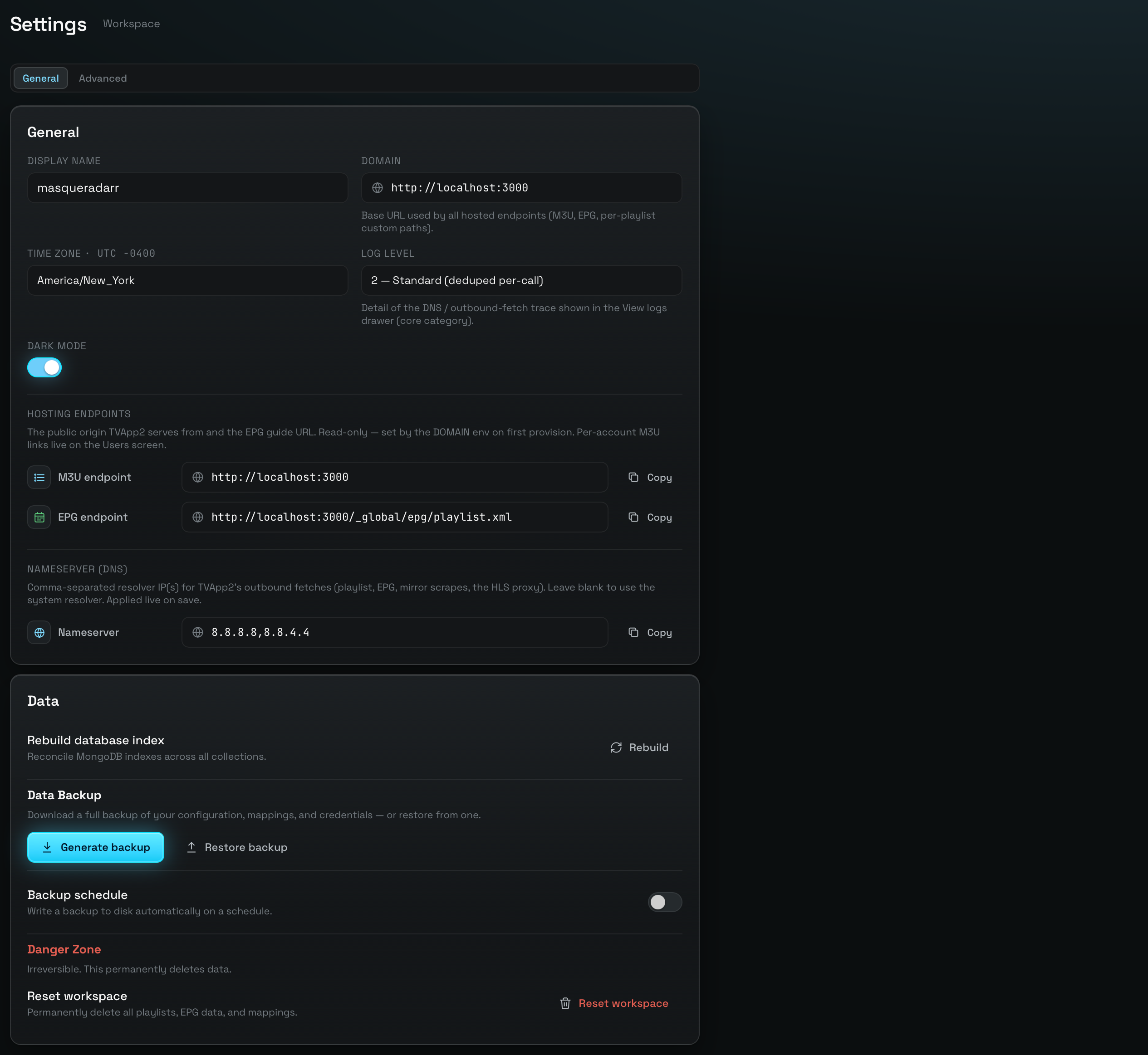 Settings screen